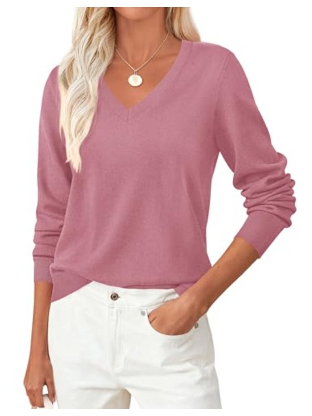 PRETTYGARDEN Women's V-Neck Long Sleeve Sweater Pullover Knit Top